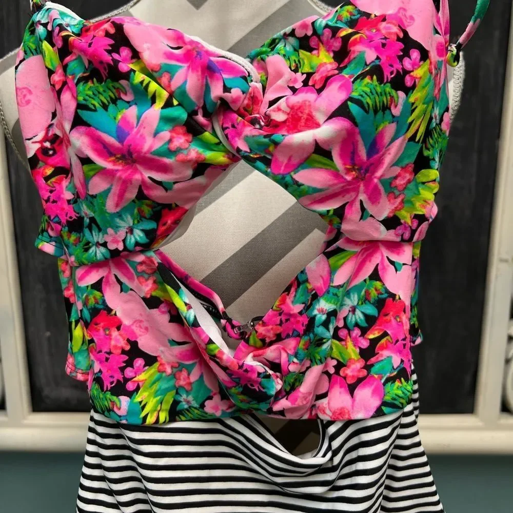 OP Pink Floral and Black Striped One Piece Swimsuit